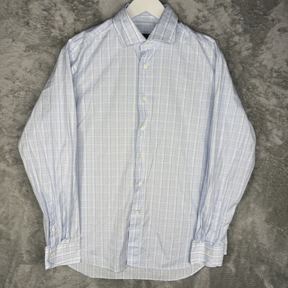 Canali Dress Shirt Mens 41-16 Blue White Plaid Check Long Sleeve Silver Label
